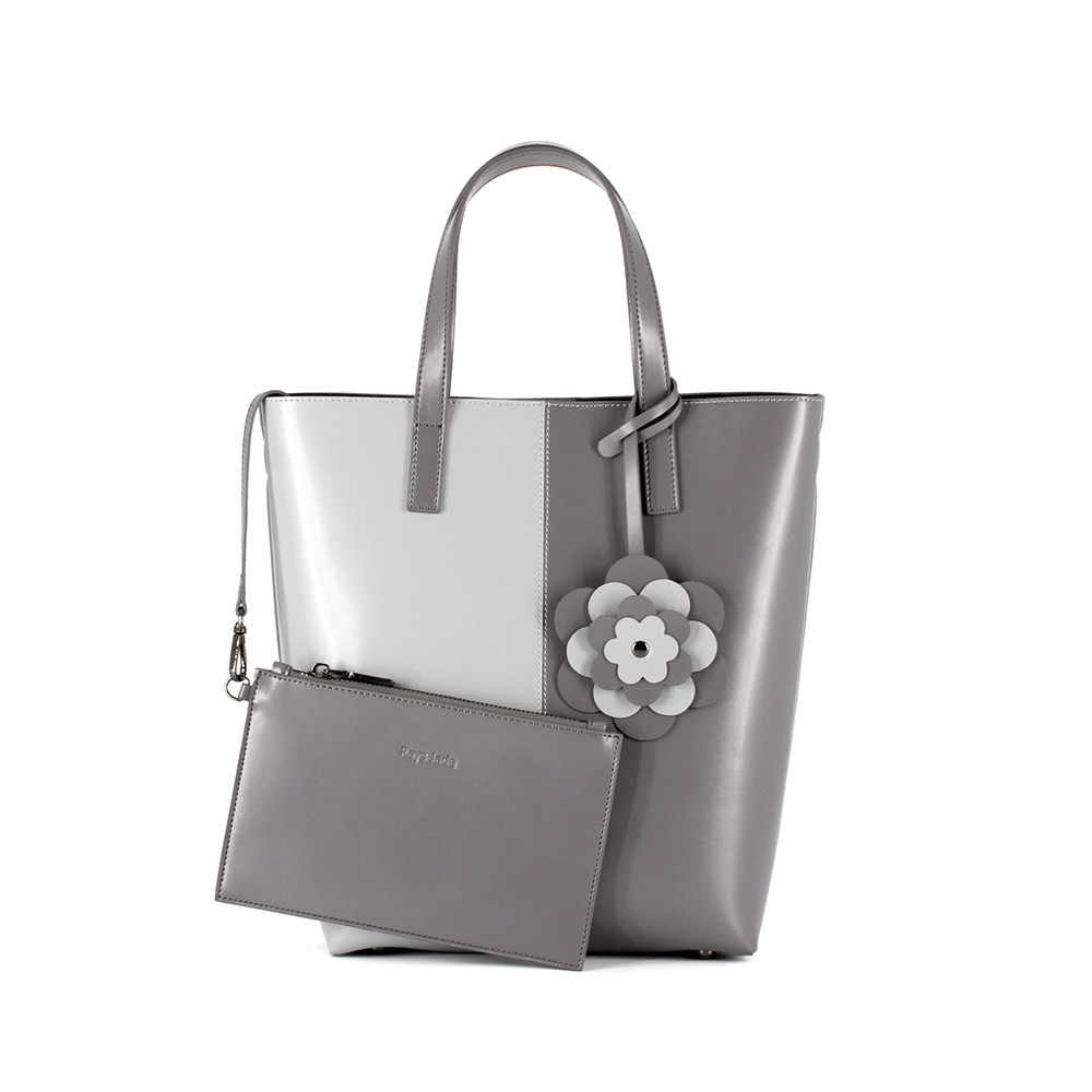 Aw2019 Flower Decoration Spell Grey White Leather Tote Bag